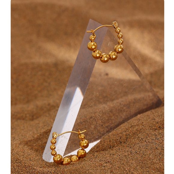 ^NEW 18K Gold Plated Bead Round Hoop Earrings - Picture 3 of 6